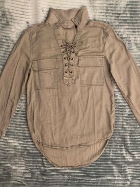 SO Beige Lace-Up Button-Down Utility Shirt